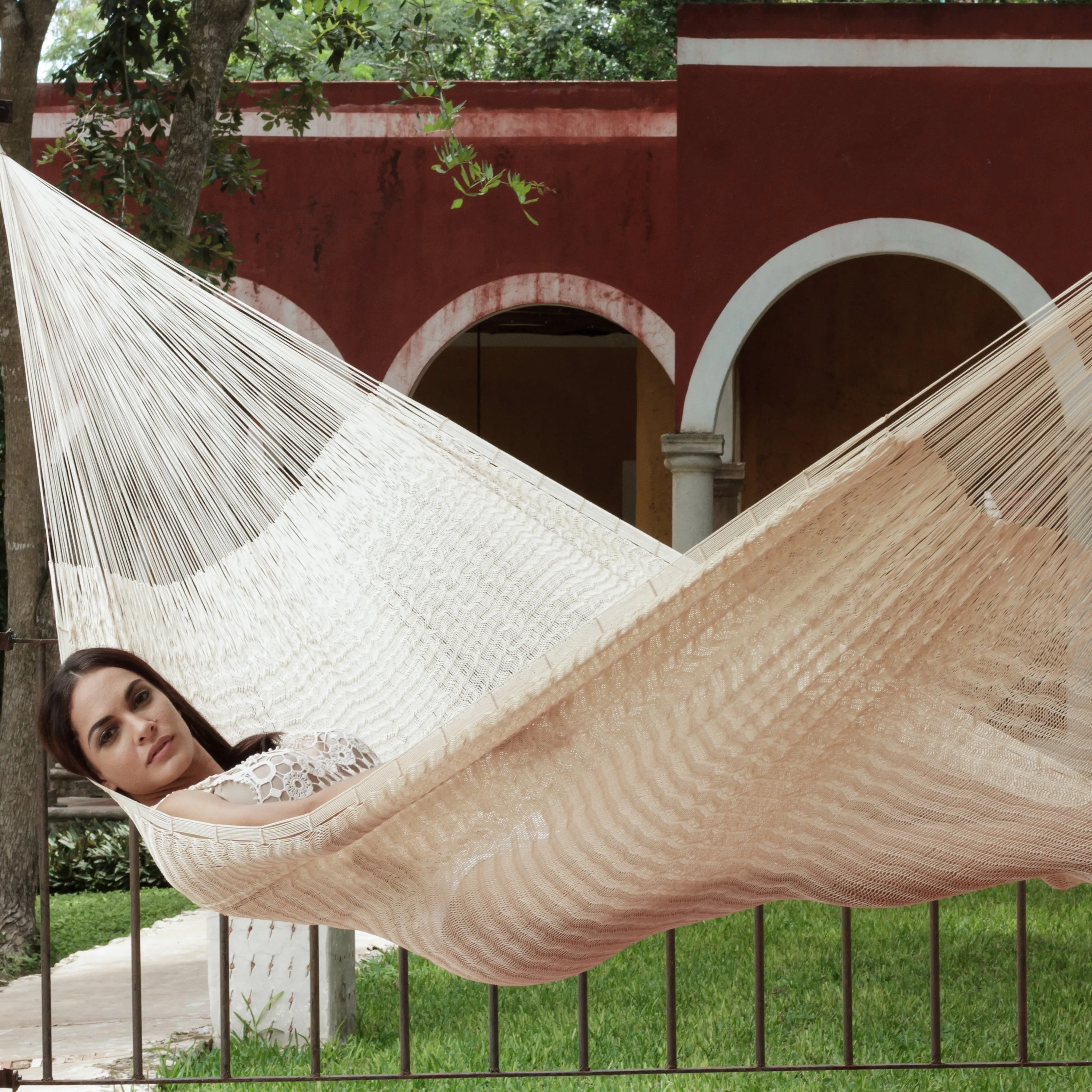 Authentic Mexican Outdoor Undercover Cotton Hammock in Ivory