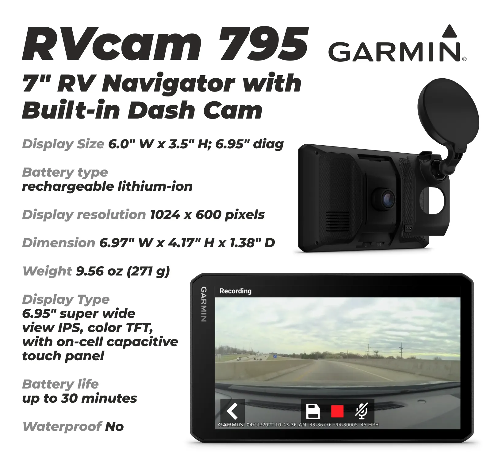 Garmin RV Cam 795 GPS RV Navigator, Built-in Dash Cam, Automatic Incident Detection