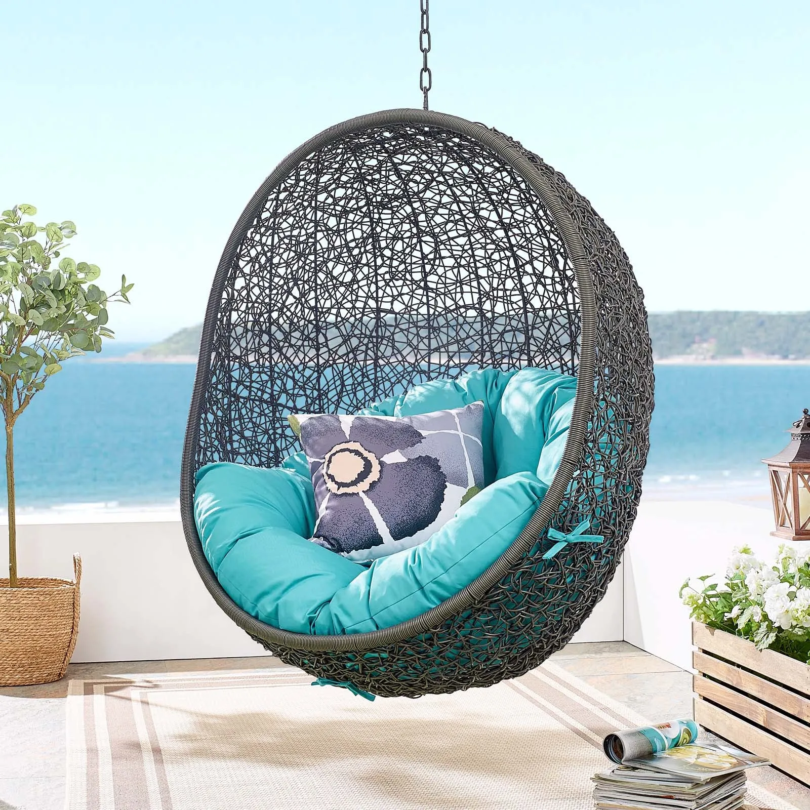 Hide Outdoor Patio Swing Chair With Stand Gray Turquoise EEI-2273-GRY-TRQ