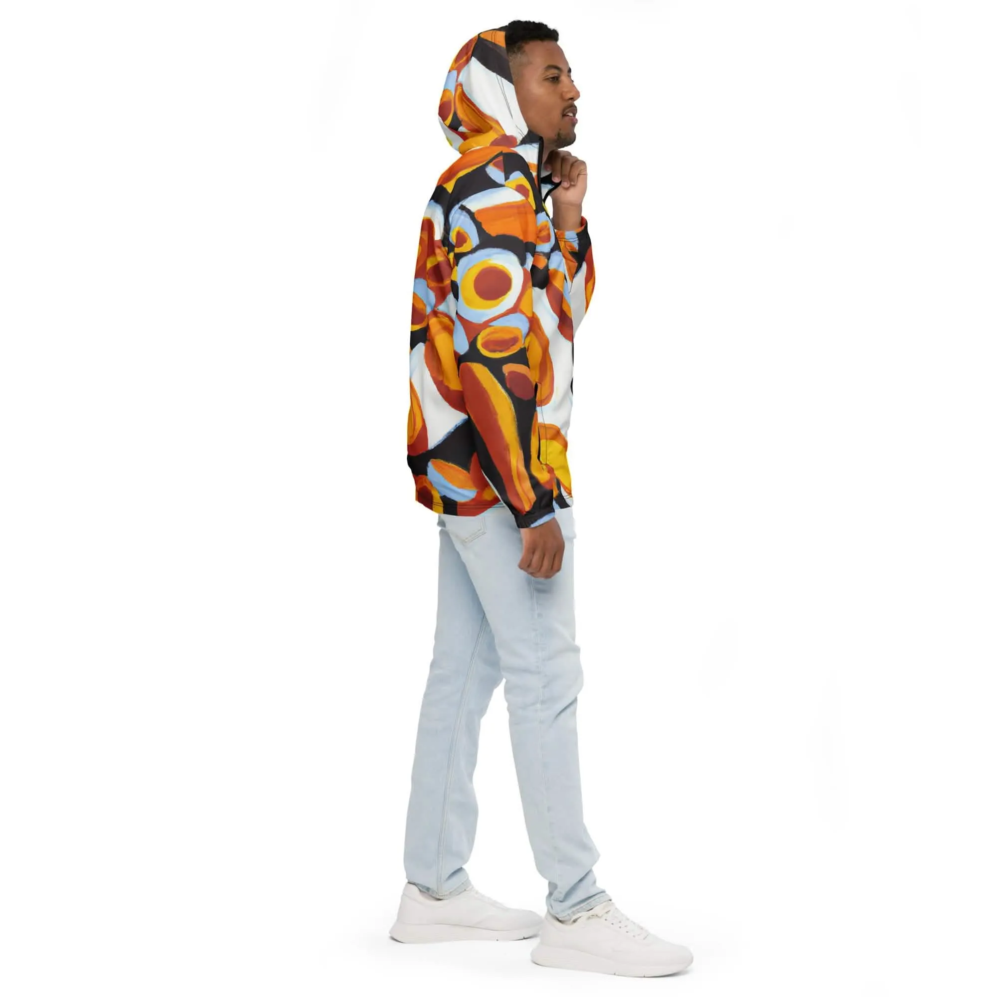 Men's Stylish Geometric Print Orange, Black, and White Hooded Windbreaker Jacket