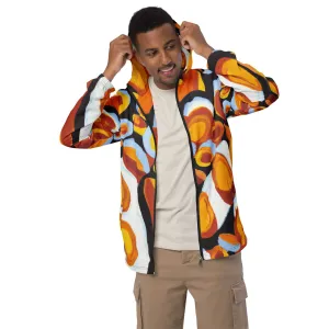 Men's Stylish Geometric Print Orange, Black, and White Hooded Windbreaker Jacket