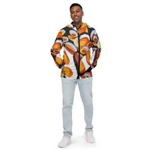 Men's Stylish Geometric Print Orange, Black, and White Hooded Windbreaker Jacket