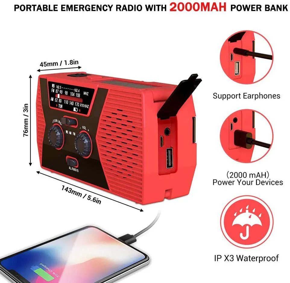 Portable Solar Hand Charging Emergency Radio with Flashlight Reading Light