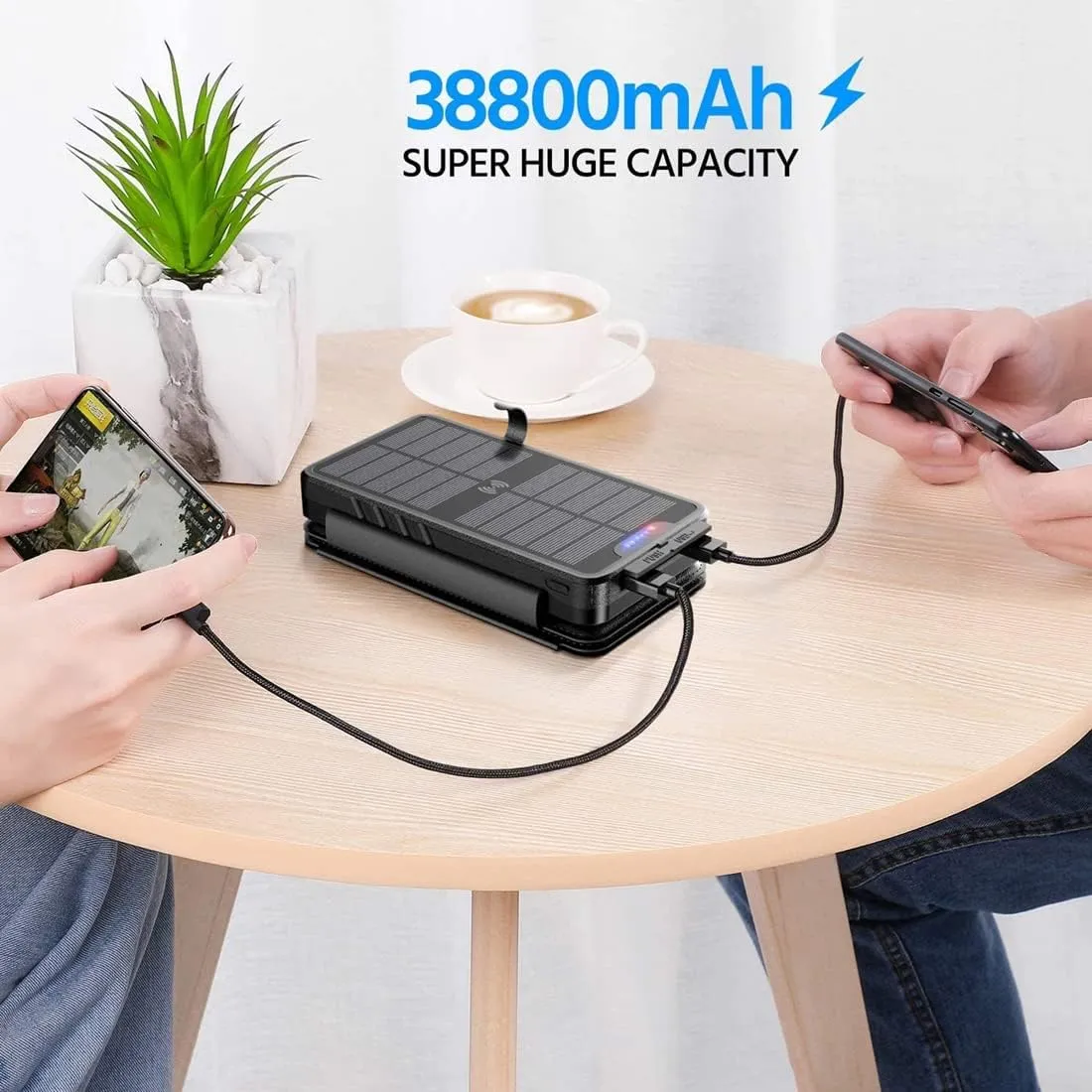 Solar Charger 38800mAh Solar Power Bank with Dual 3.1A Outputs 10W Qi Wireless Charger Waterproof Built-in Solar Panel and Bright Flashlights