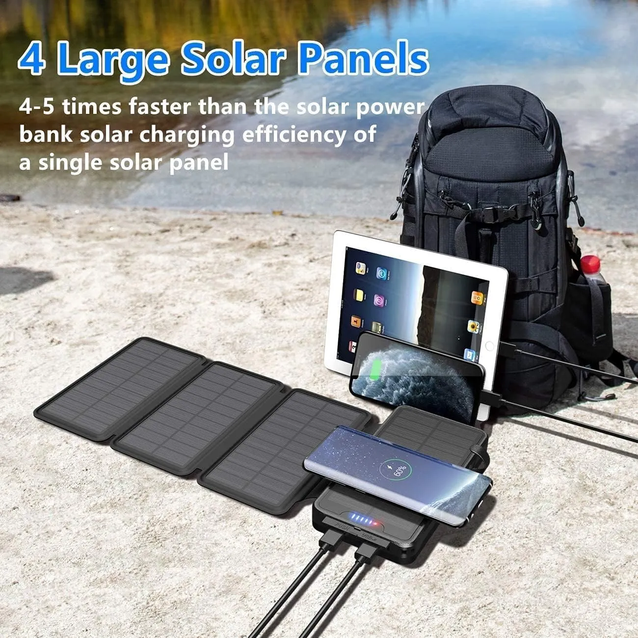 Solar Charger 38800mAh Solar Power Bank with Dual 3.1A Outputs 10W Qi Wireless Charger Waterproof Built-in Solar Panel and Bright Flashlights