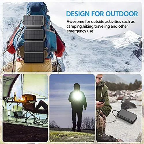 Solar Charger 38800mAh Solar Power Bank with Dual 5V3.1A Outputs 10W Qi Wireless Charger Waterproof Built-in Solar Panel and Bright Flashlights