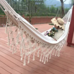 Tassel Hammock Double Canvas Hammock Outdoor Indoor Photography Props, Specification:200x150cm White