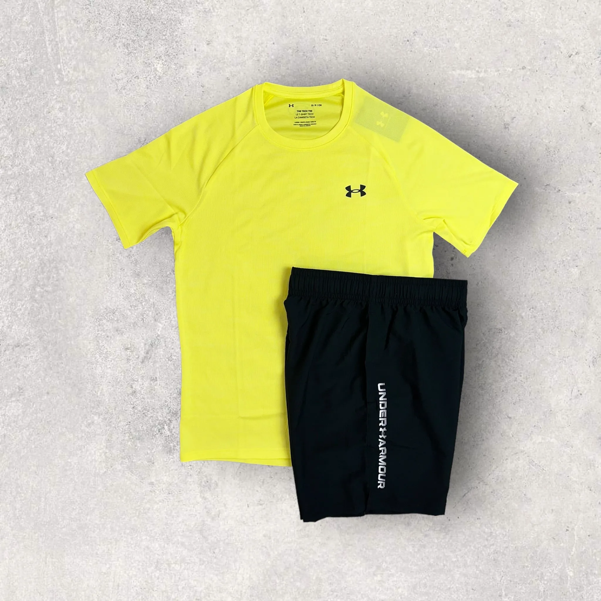 UNDER ARMOUR TECH T-SHIRT/SHORT SET - YELLOW/BLACK