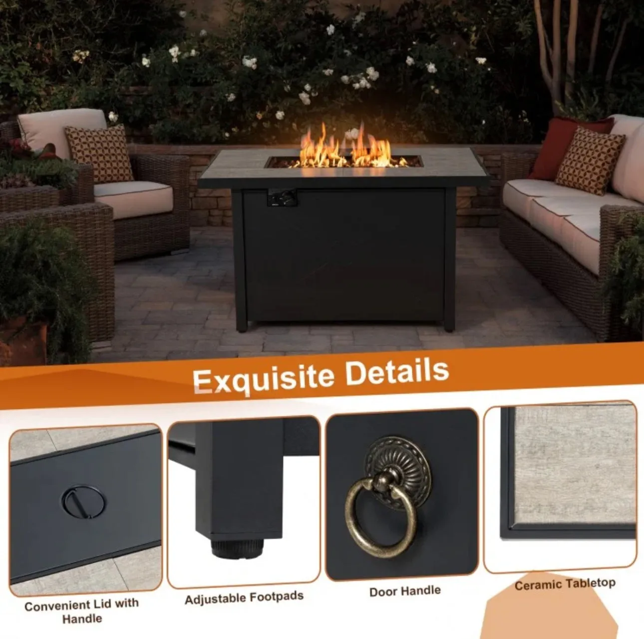 Very Relaxing Heavy-duty 42 Inch 60,000 BTU Propane Fire Pit Table With Ceramic Tabletop | Protective Cover | Lava Rocks | Gas Regulator