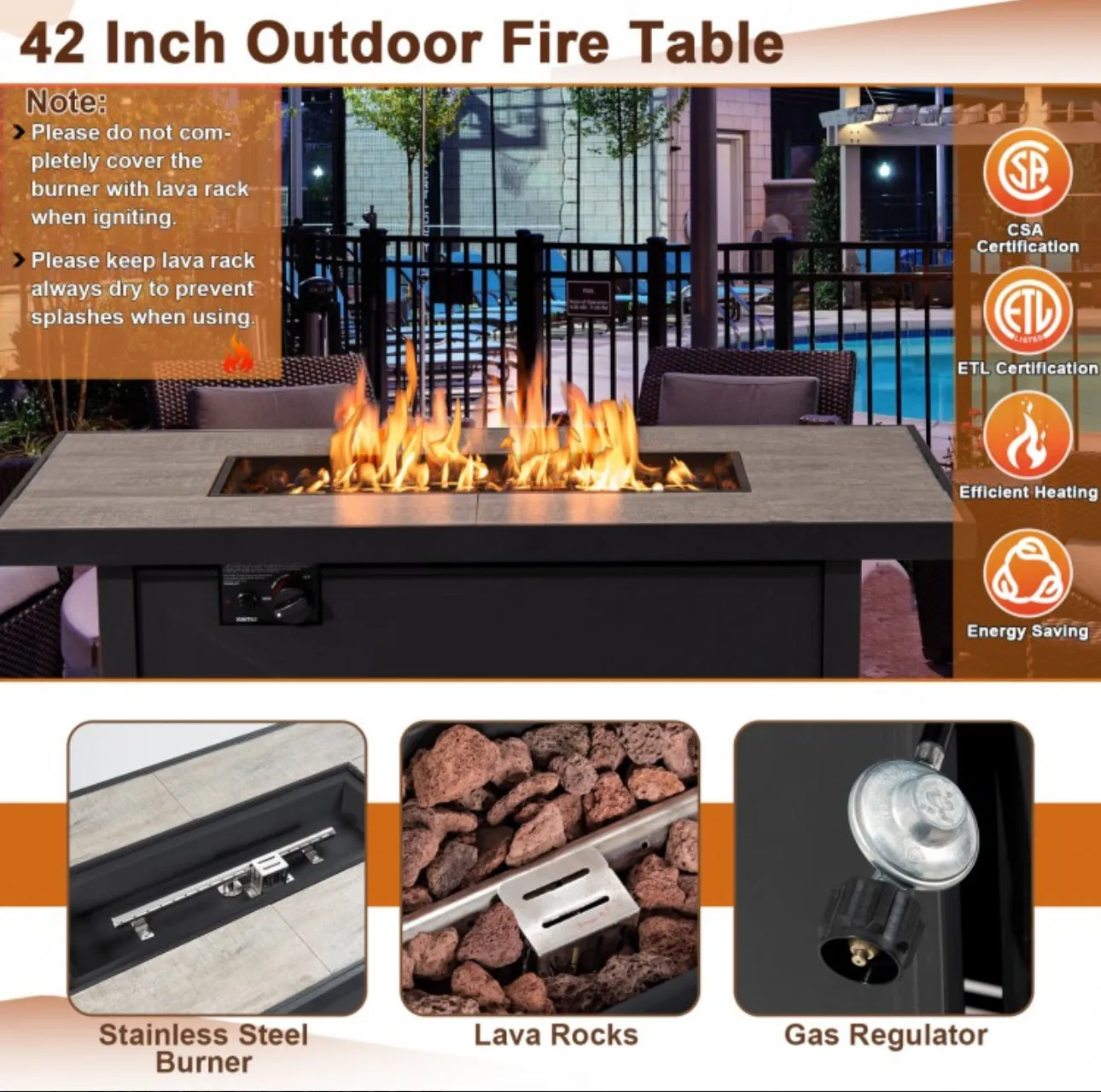 Very Relaxing Heavy-duty 42 Inch 60,000 BTU Propane Fire Pit Table With Ceramic Tabletop | Protective Cover | Lava Rocks | Gas Regulator