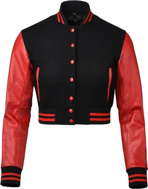 Warrior Gears Cropped Varsity Jacket Women - Premium Quality Leather and Wool Baseball Letterman Jacket for Women's, Long Sleeve - Black Wool Body and Red Leather Sleeves